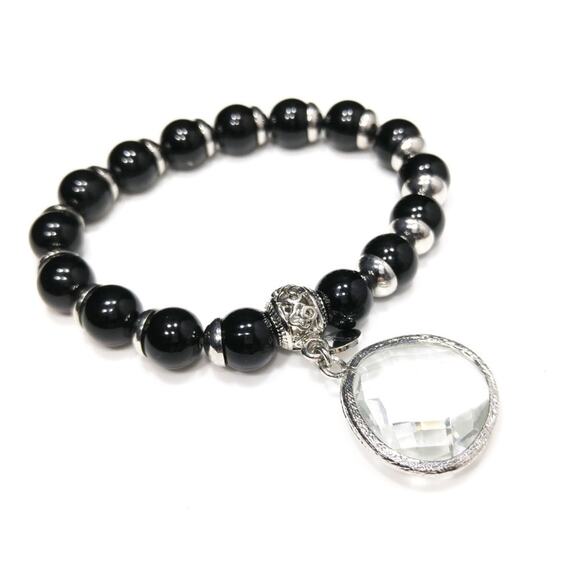 Chico’s Black Beaded Stretch Bracelet Silver Tone Clear Crystal Charm - Picture 2 of 8